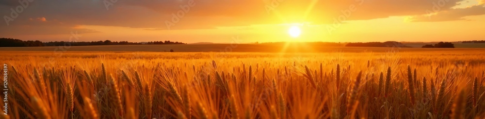 Fototapeta premium Golden wheat fields under a vibrant sunset sky, capturing nature's beauty and serenity.