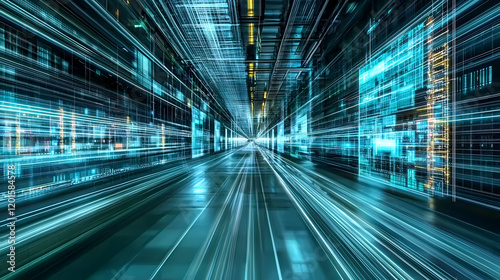 Dynamic data flow visualization digital space abstract art futuristic environment wide angle view technology concept