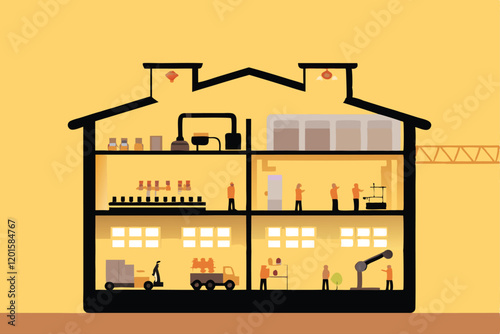 A detailed vector illustration of a factory cutaway, revealing the inner workings and showcasing various types of machinery in operation.