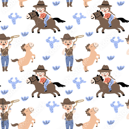 Playful cowboy and horse pattern for kids' room decor and crafts.