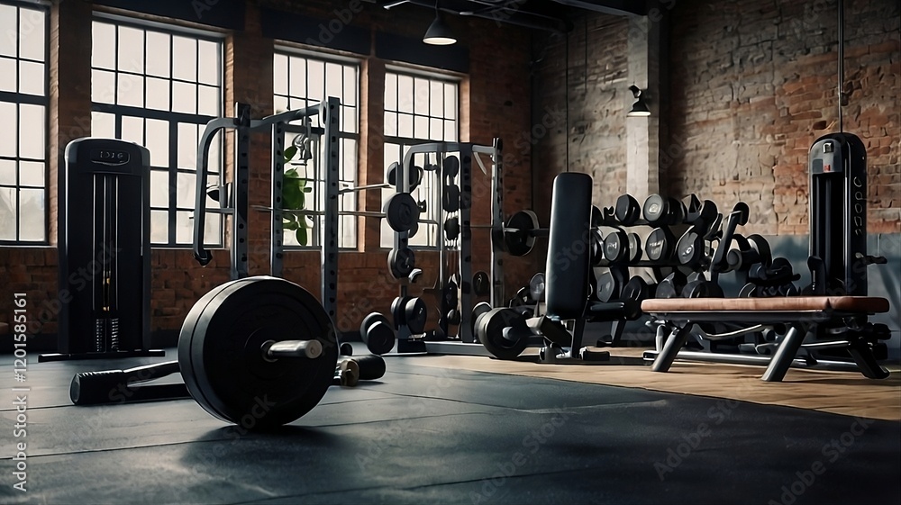 Fototapeta premium equipment in gym. Gym Background, Motivating and Energetic Fitness Atmosphere 