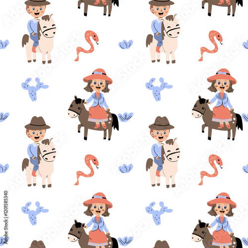 Cowboy and horse themed childish pattern with cute characters and cacti.