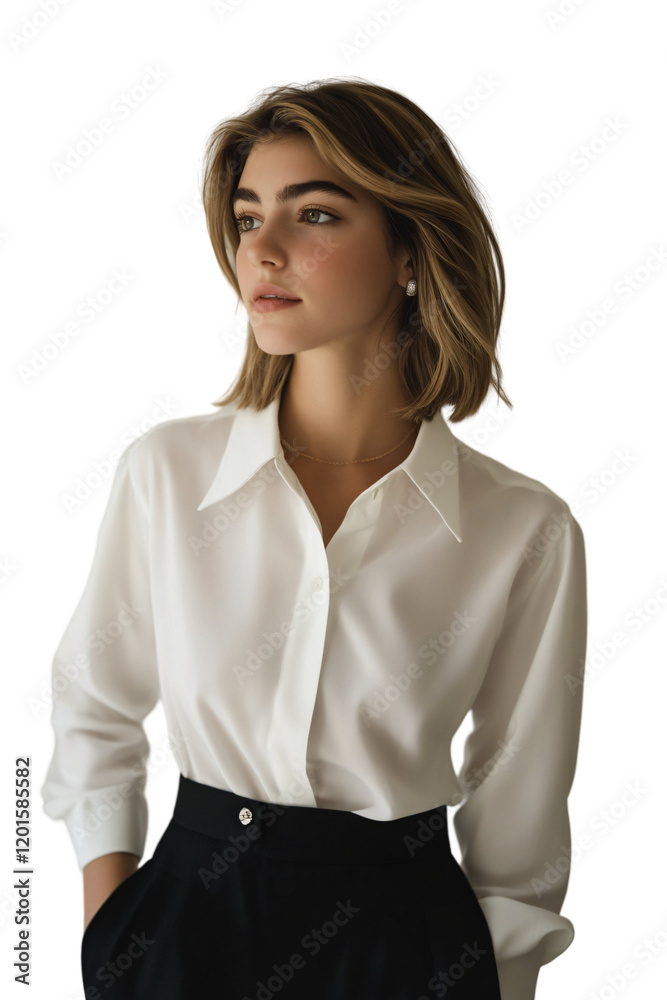 A poised individual in a white shirt and black trousers, exuding confidence and elegance. A poised individual in a white shirt and black trousers, exuding confidence and elegance.
