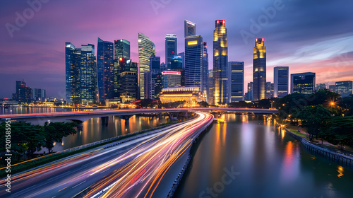 Vibrant city lights reflecting on water singapore urban landscape evening aerial view modern architecture