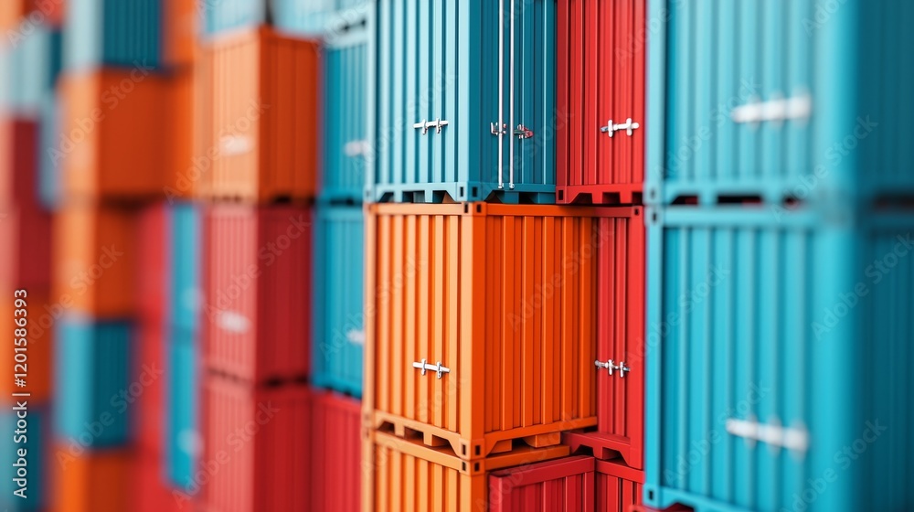 Colorful shipping containers stacked together, showcasing a mix of bright blue and orange hues in a modern industrial setting. Colorful shipping containers stacked together, showcasing a mix of bright blue and orange hues in a modern industrial setting.