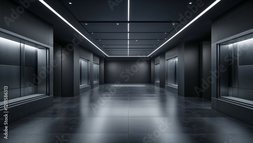 The long, empty corridor with doors lining its length, bathed in a soft light, creates a sense of perspective and mystery within the building's architecture