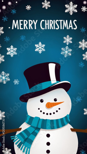 Merry Christmas Greeting Card with Snowman and Snowflakes