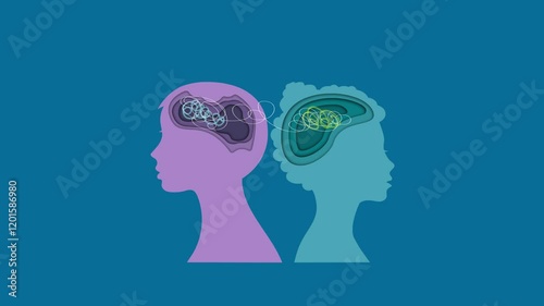  Mental disorder of the human psyche.  The concept of psychological disorders,
 split personality and emotional imbalance.
 Two silhouettes of a human head, animation