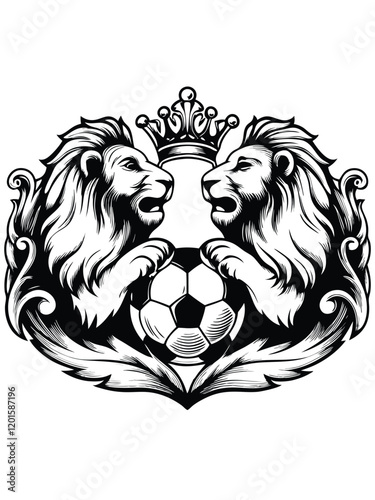 Design a heraldic crest featuring two lions facing each other, incorporating elements of royalty and strength.