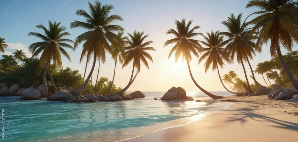Beach scene with palm trees and clear blue sky, beach, ocean Beach scene with palm trees and clear blue sky, beach, ocean