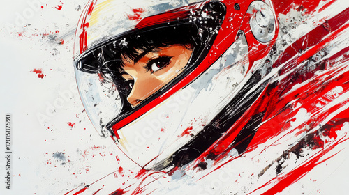 Vibrant artistic portrait of a racer wearing a red helmet, with dynamic brushstrokes conveying speed and intensity.
