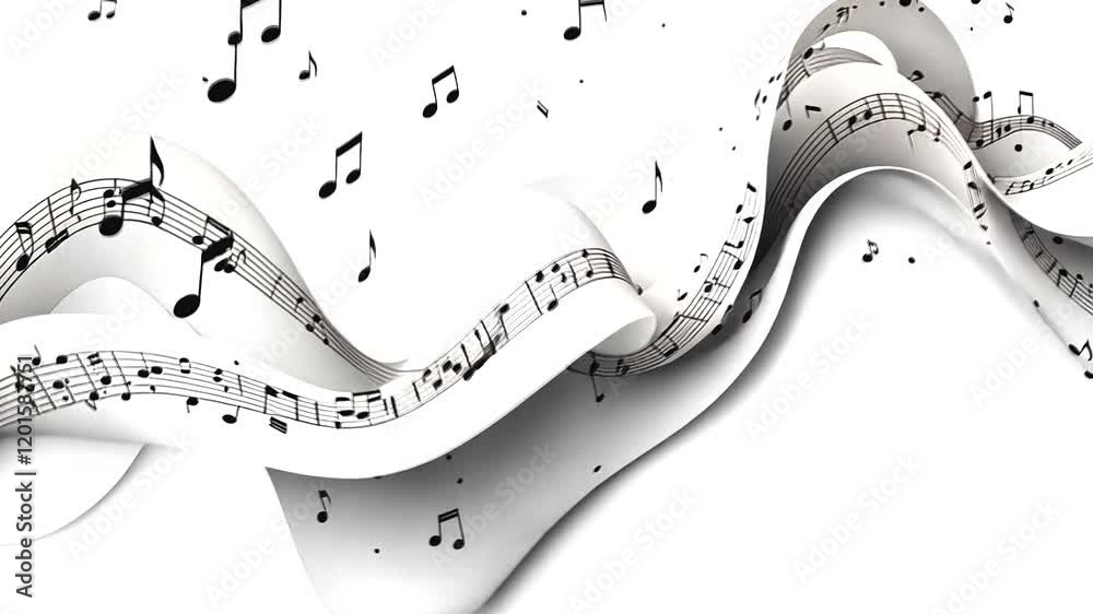 Partitura y notas musicales en movimiento ondeante y sinuoso. Fondo blanco