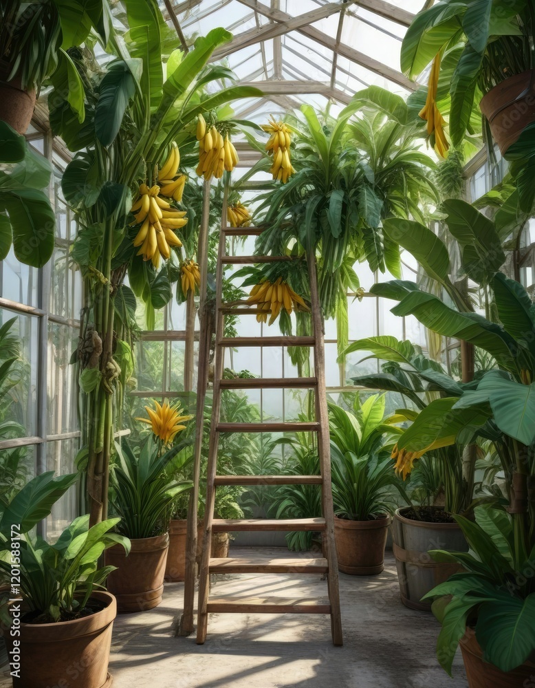 Fototapeta premium Banana plants climb up a wooden ladder in a bright and airy greenhouse, green house, morning sunlight