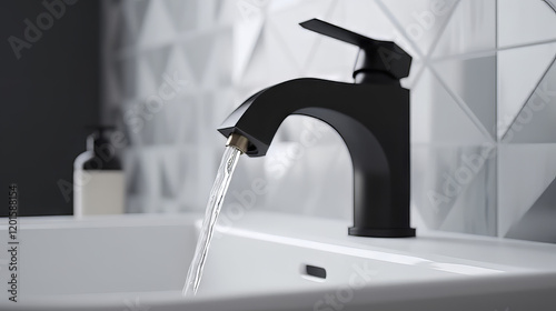 A close-up shot of a modern bathroom faucet with a matte black finish, mounted on a polished white sink with soft water reflections. 