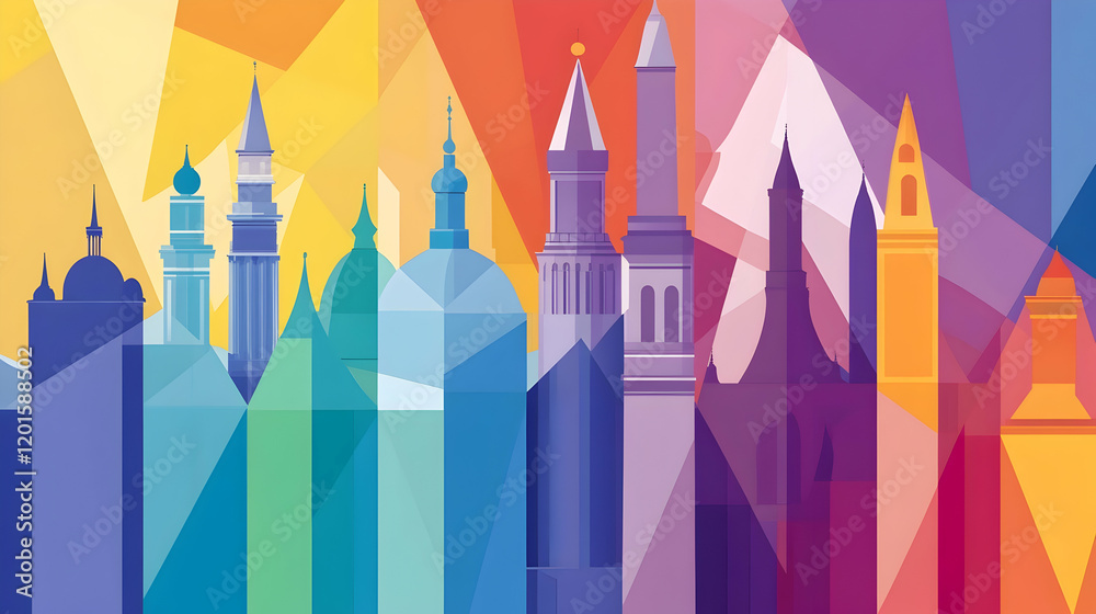 Colorful abstract cityscape skyline, rainbow background, architectural diversity, tourism promotion Colorful abstract cityscape skyline, rainbow background, architectural diversity, tourism promotion