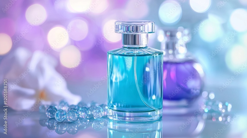 Elegant perfume bottle with glowing beads on a dreamy background Elegant perfume bottle with glowing beads on a dreamy background