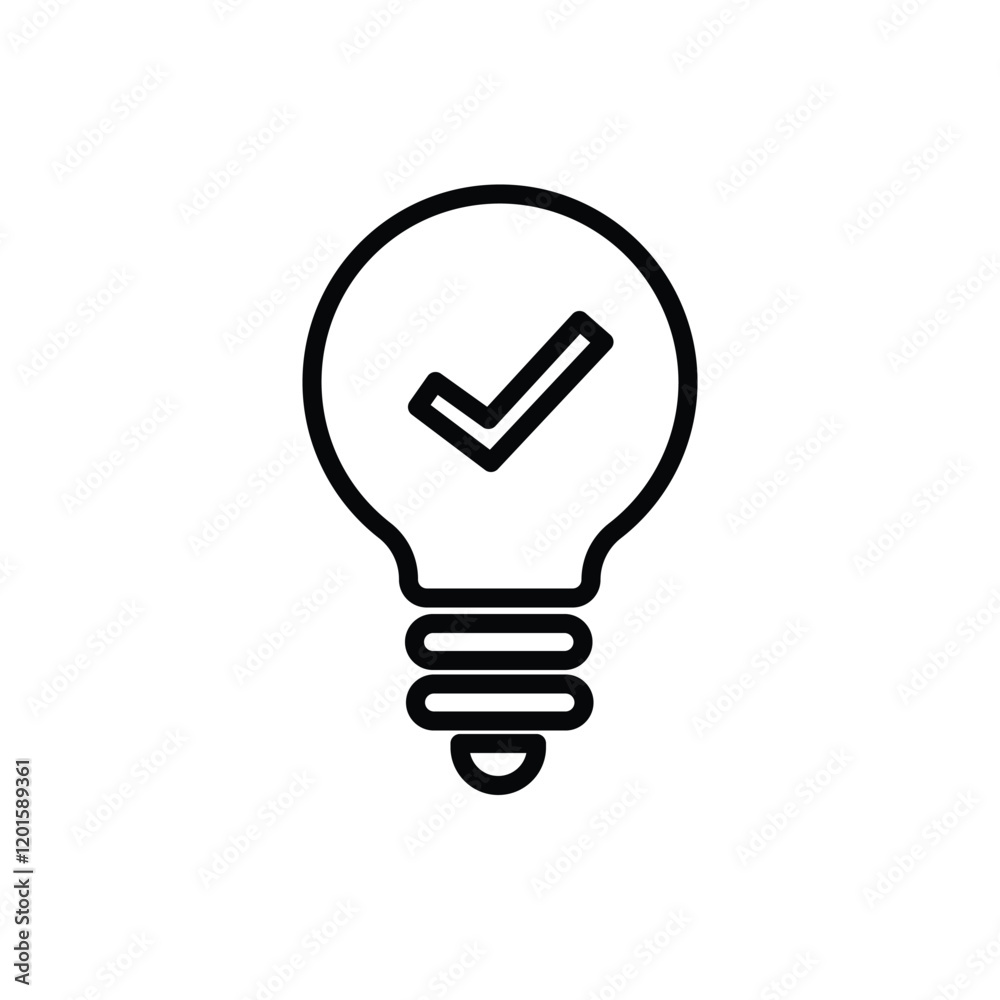 black bulb with checkmark like quick tip icon. flat stroke linear simple trend modern efficiency logotype design element isolated on white background. black bulb with checkmark like quick tip icon. flat stroke linear simple trend modern efficiency logotype design element isolated on white background.