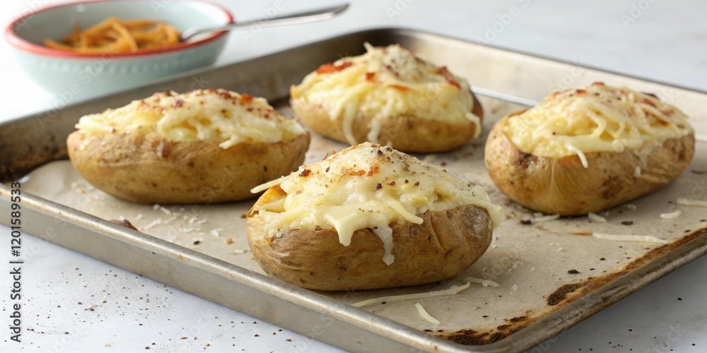 Baked potatoes on a baking sheet with cheese, oven baked potatoes, crispy potatoes, comfort food, cheesy goodness, roasting pan Baked potatoes on a baking sheet with cheese, oven baked potatoes, crispy potatoes, comfort food, cheesy goodness, roasting pan