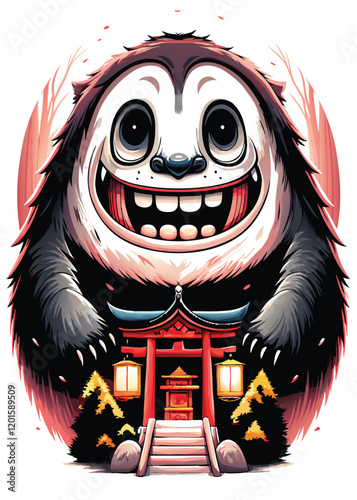 Design a playful, cartoon-style image of a giant, smiling monster with large, friendly eyes, warmly embracing a traditional Shinto shrine.