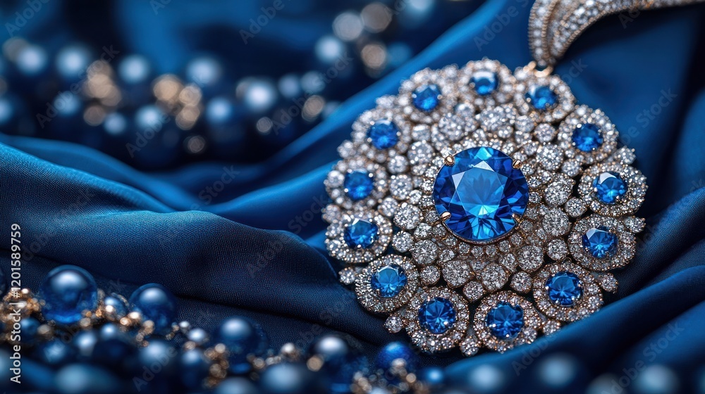 Blue sapphire and diamond pendant on silk. Blue sapphire and diamond pendant on silk.