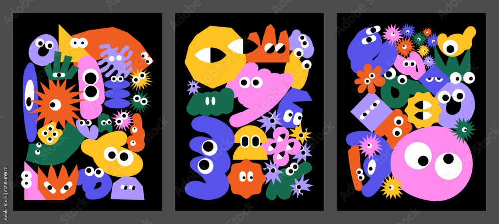 Funny backgrounds with abstract shapes and childish characters. Set of posters with colorful doodles. Cartoon vector illustrations. Crazy characters with big eyes.