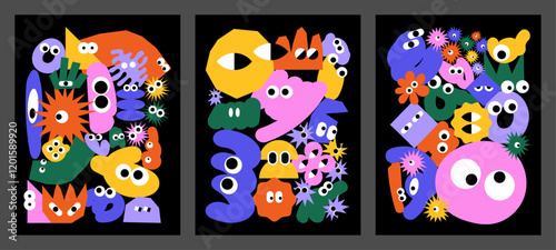 Funny backgrounds with abstract shapes and childish characters. Set of posters with colorful doodles. Cartoon vector illustrations. Crazy characters with big eyes. photo