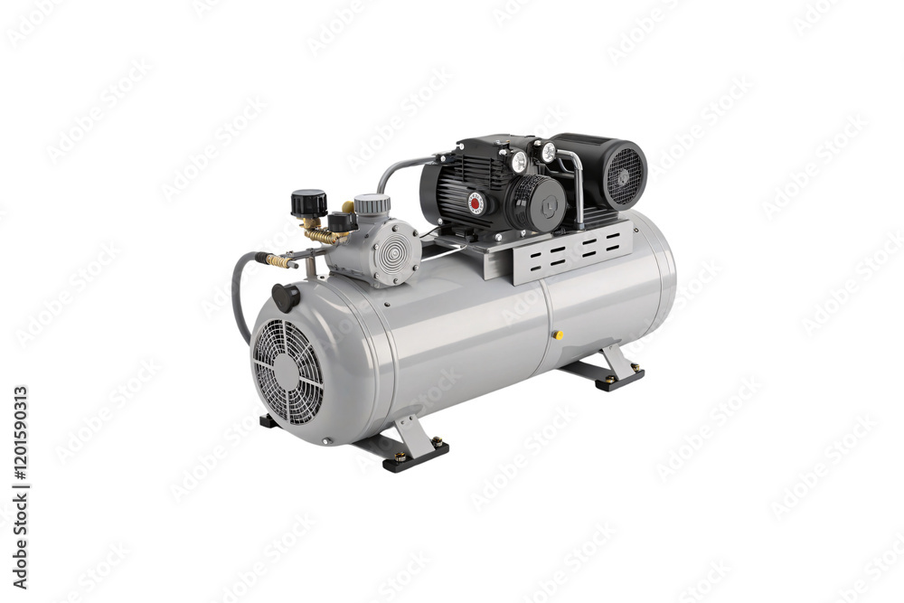 A compact air compressor with a horizontal tank, featuring dual motor assemblies, pressure gauges, and durable components designed for efficiency and reliability. Isolated on a transparent background A compact air compressor with a horizontal tank, featuring dual motor assemblies, pressure gauges, and durable components designed for efficiency and reliability. Isolated on a transparent background