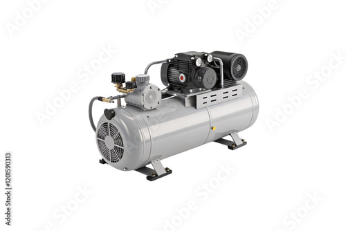 A compact air compressor with a horizontal tank, featuring dual motor assemblies, pressure gauges, and durable components designed for efficiency and reliability. Isolated on a transparent background