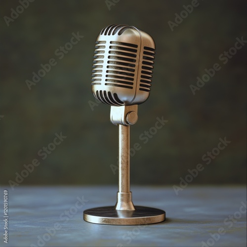 Vintage microphone on a wooden surface against a textured backdrop highlighting its classic design and shine photo