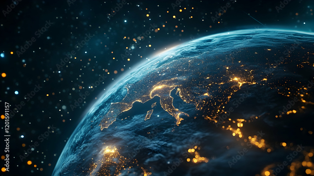 Obraz premium Earth at night, city lights, space, global communication, futuristic technology