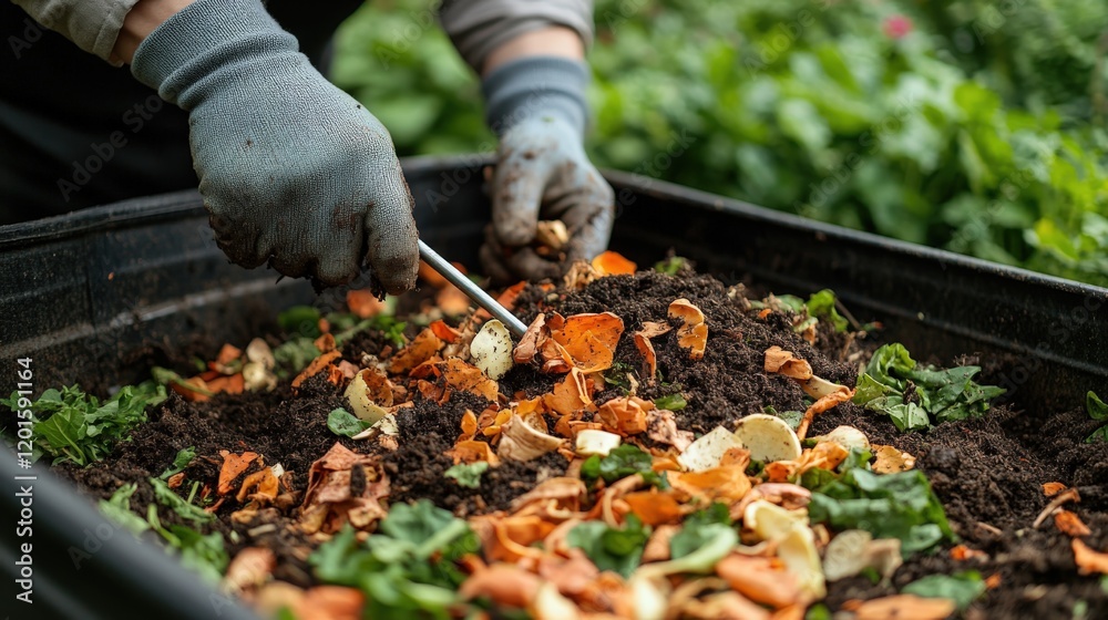 Fototapeta premium Gardener mixes vegetable peels and leaves in compost bin in lush backyard garden