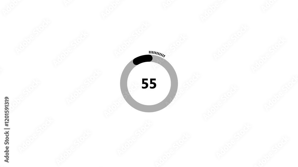 Circle countdown timer one minute animation from 60 to 0 second animation on white background. 