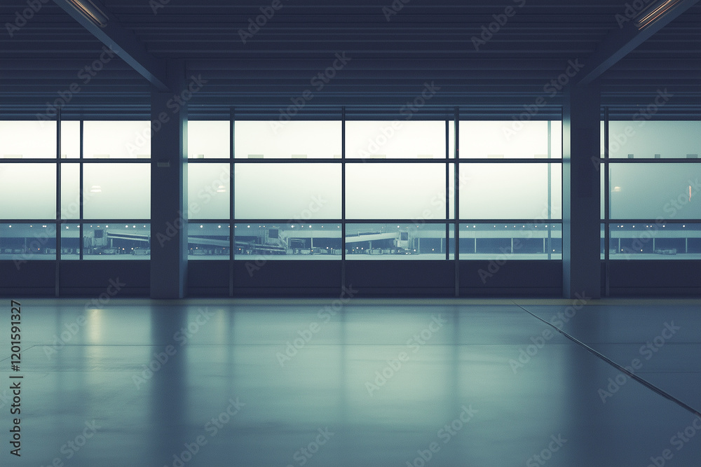 View of airport terminal with airplanes and ground vehicles visible through large windows