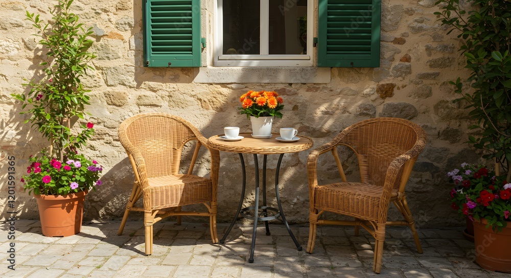 Fototapeta premium A charming outdoor café setting with wicker chairs, a round table, colorful flowers, and green shutters against a rustic stone wall in the sunlight.