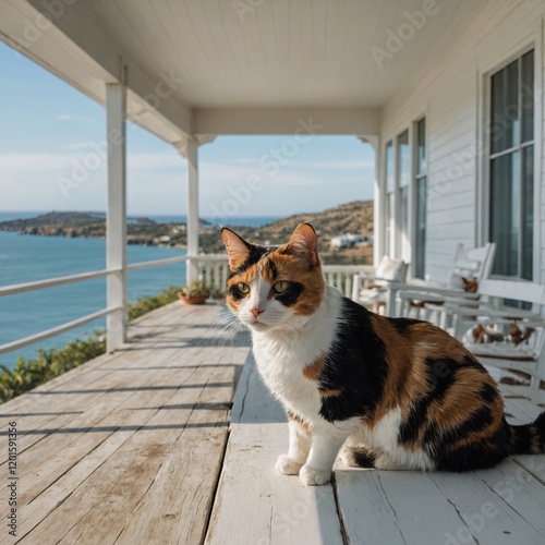 A calico cat on a white porch with a view of the ocean.