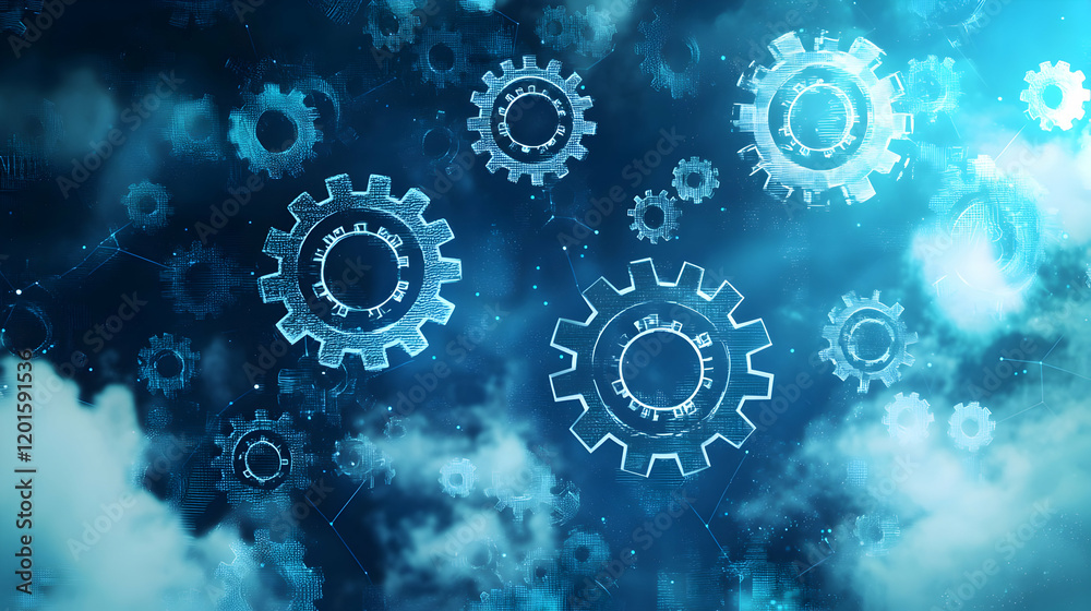 Innovative gear mechanisms digital space abstract design technology environment aerial view futuristic concept Innovative gear mechanisms digital space abstract design technology environment aerial view futuristic concept