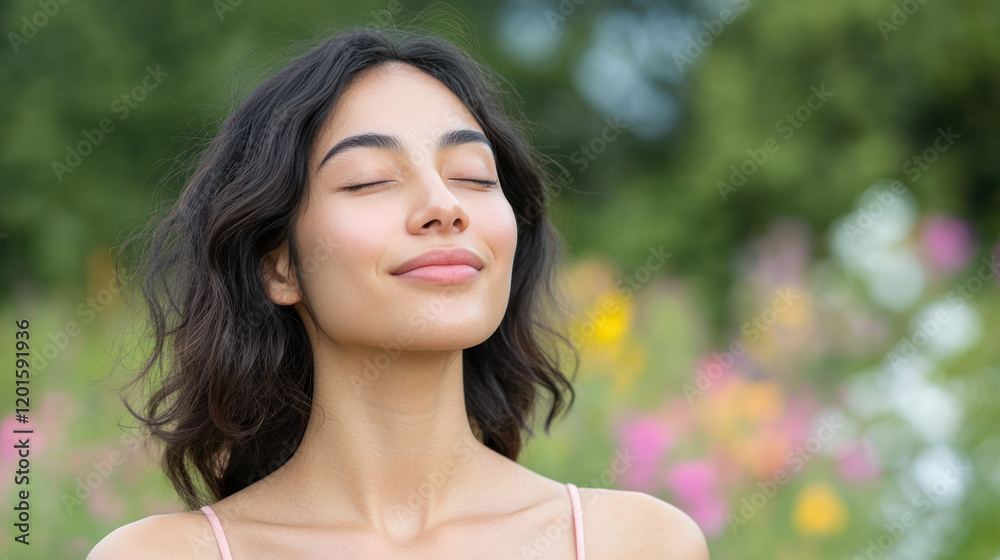 Arabian woman breathing and relaxing on a beautiful colorful flower field Arabian woman breathing and relaxing on a beautiful colorful flower field