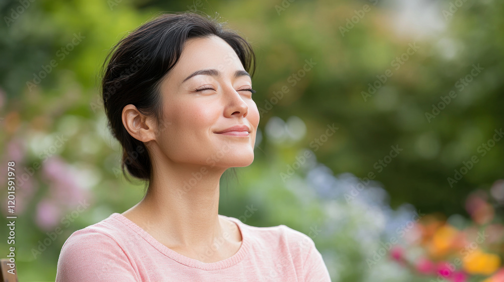 Japanese woman breathing and relaxing on a beautiful colorful flower field Japanese woman breathing and relaxing on a beautiful colorful flower field