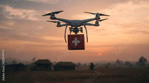 Life-saving drone delivers medical supplies remote village aerial photography sunset innovative healthcare solution