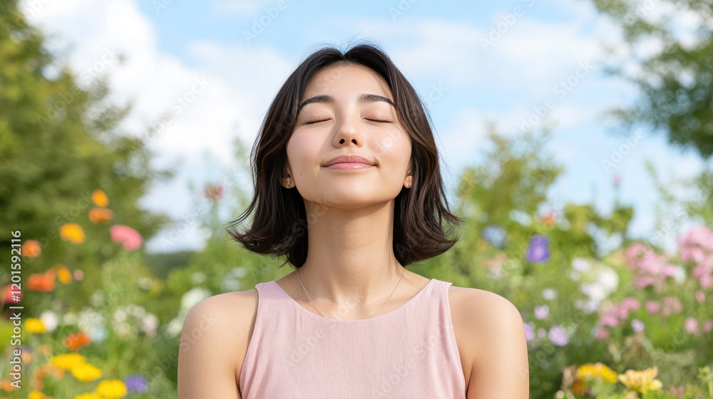 French woman breathing and relaxing on a beautiful colorful flower field French woman breathing and relaxing on a beautiful colorful flower field