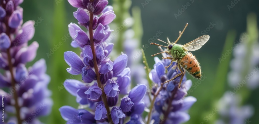 Aphid resting on lupine flower with dew drops , drop, aphid Aphid resting on lupine flower with dew drops , drop, aphid