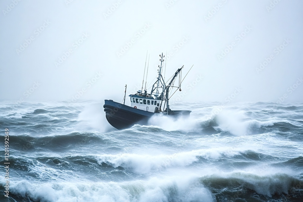 Obraz premium Small fishing boat sailing in a rough sea with big waves during a storm, representing concepts like adventure, danger, and the power of nature
