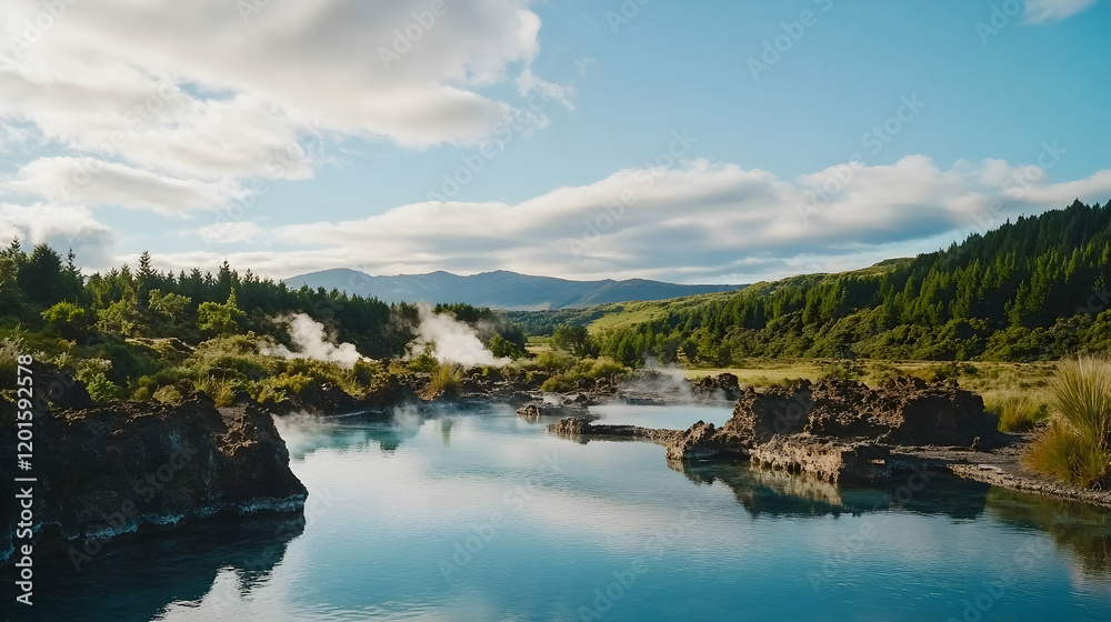 Geothermal pools landscape, misty morning, volcanic hills, tranquil scene, travel photography Geothermal pools landscape, misty morning, volcanic hills, tranquil scene, travel photography