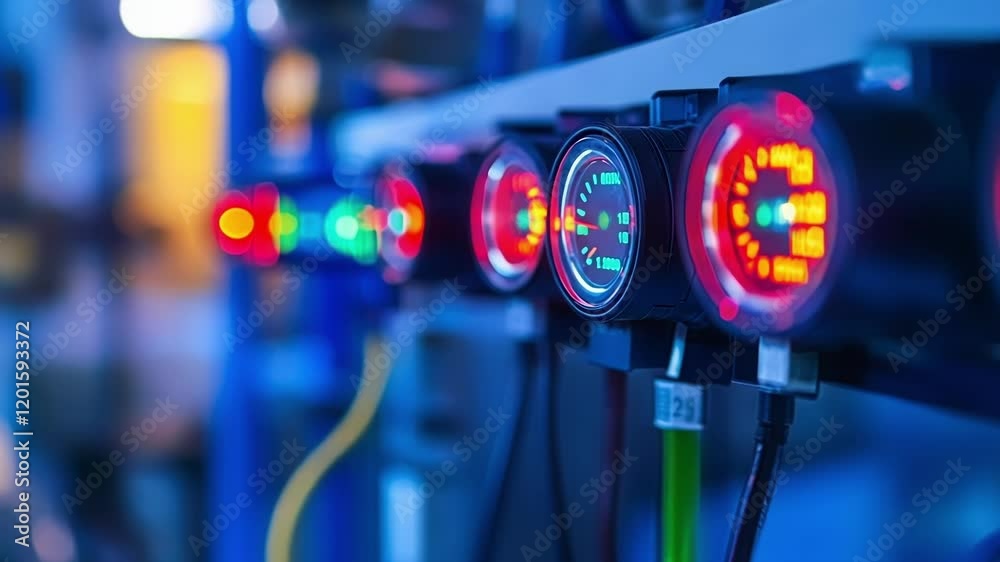 Closeup of a diagnostic tool connected to a machine with vibrant LED indicators displaying various operational statuses and alerts regarding potential failures.