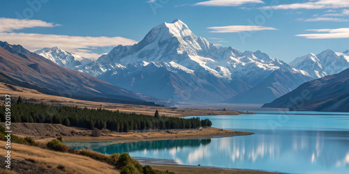 A Stunning Mountain Landscape Featuring Mount Cook and Lake Pukaki, Embracing Nature's Splendor