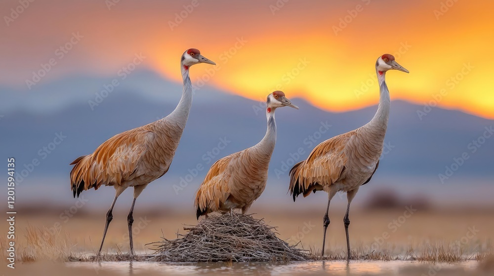 Obraz premium Three sandhill cranes stand near a nest in a wetland during a vibrant golden hour sunset with mountains in the background.
