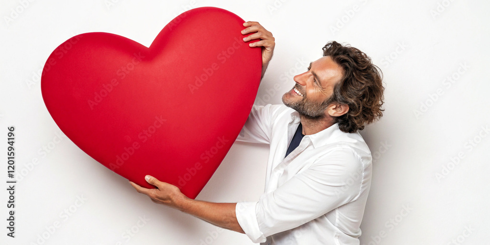 A Joyful Man Holding a Big Red Heart on a White Background, Representing Love and Affection A Joyful Man Holding a Big Red Heart on a White Background, Representing Love and Affection