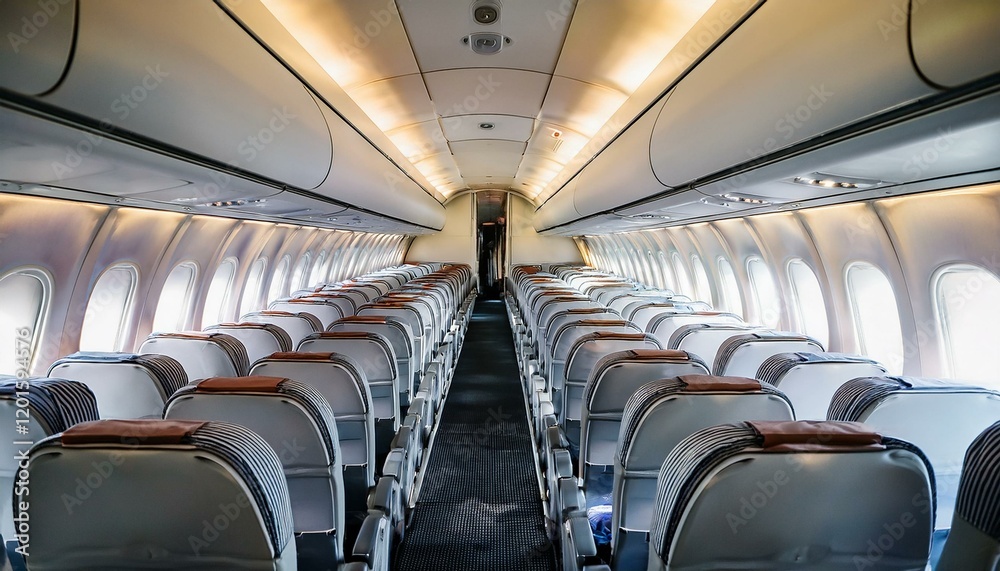 Fototapeta premium Inside an commercial aircraft cabin, empty of passengers.