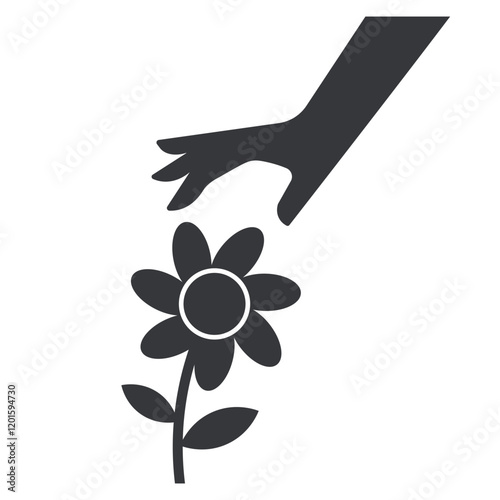 Isolated pictogram hand touching a flower, for a park signage prohibiting damage to plants