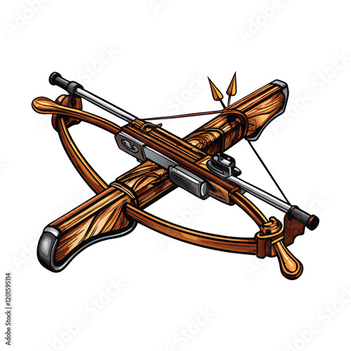 A close-up photograph of a detailed crossbow with bolts set against a rustic wooden background. photo